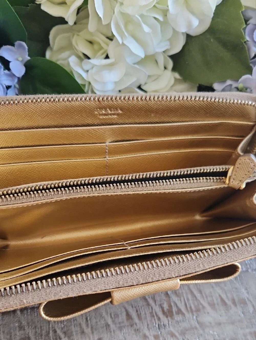 Prada Metallic Gold Bow Zip-Around Wallet